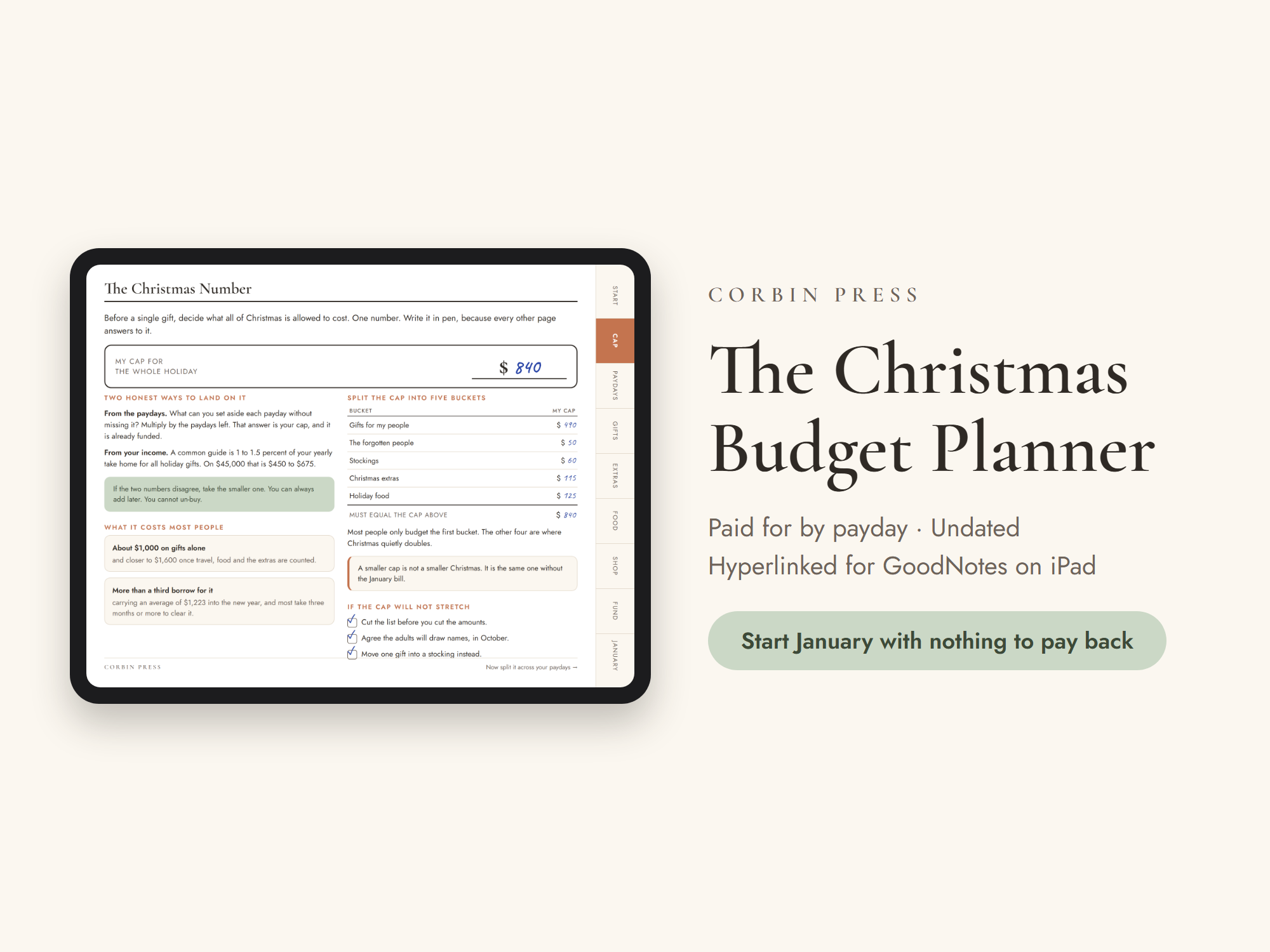 The Christmas Budget Planner open on an iPad at The Christmas Number page, a Christmas budget planner built around paydays.