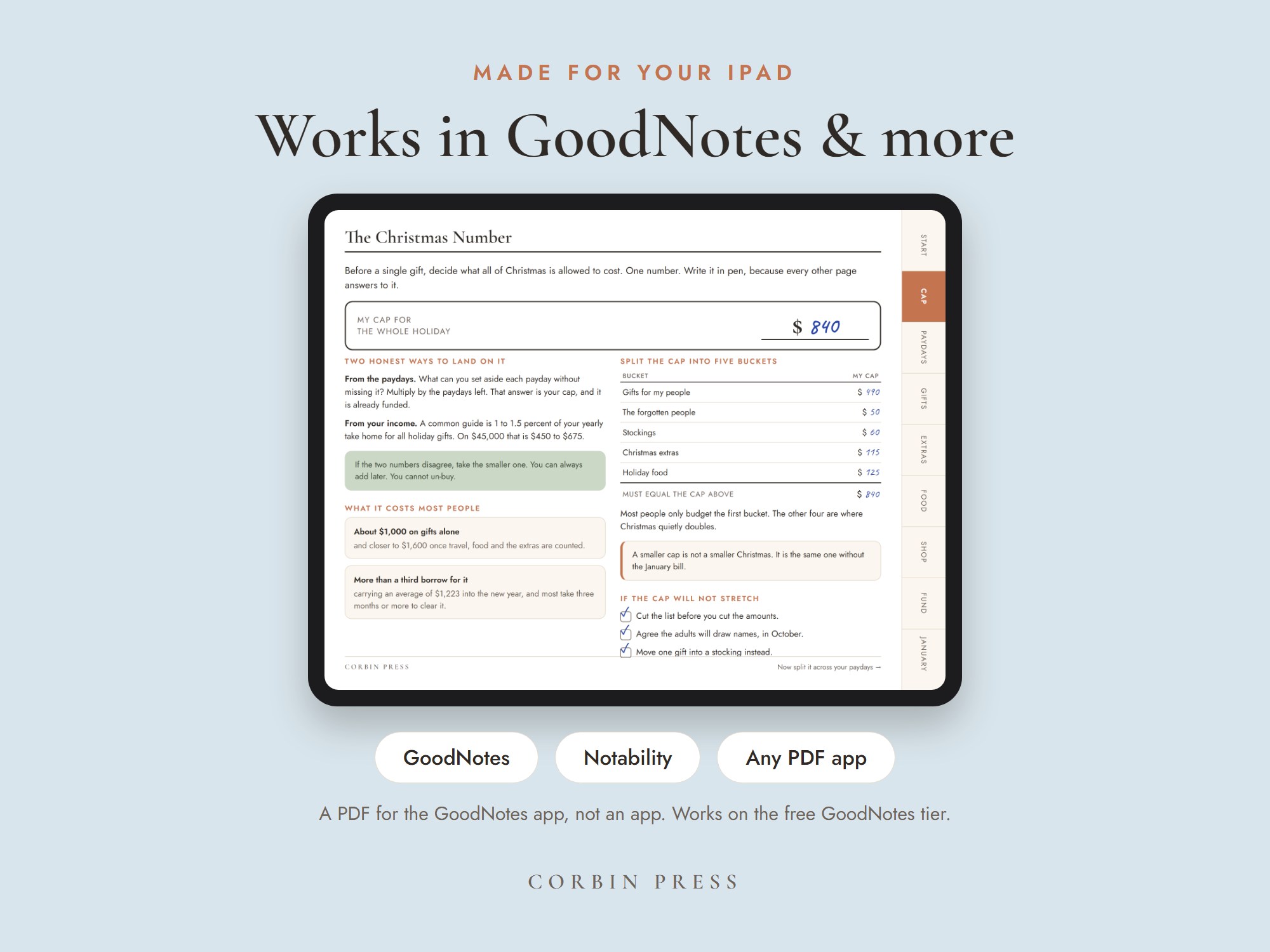 The digital Christmas planner running in GoodNotes on an iPad, a PDF for the app, not an app.