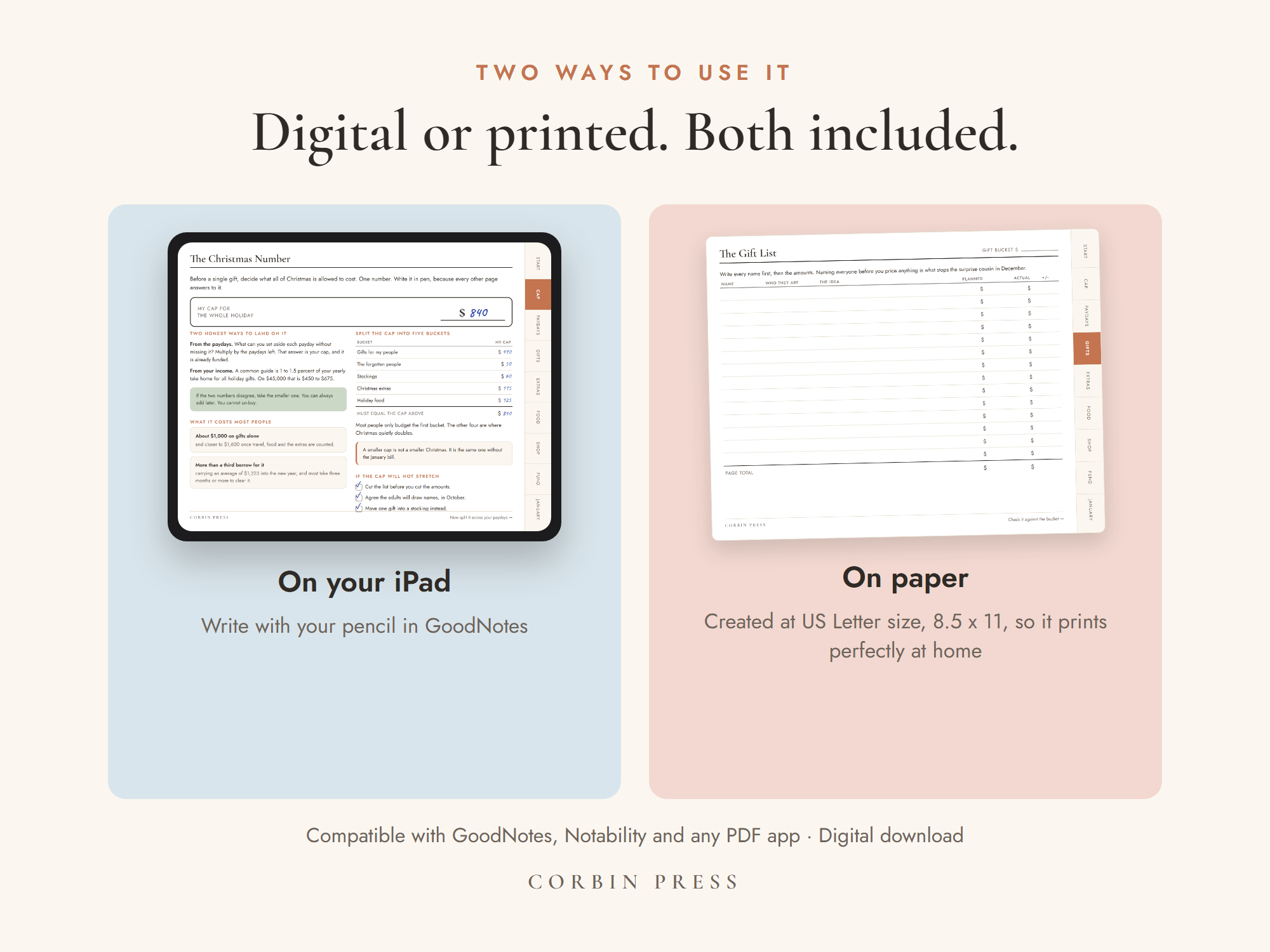 The printable Christmas spending tracker shown twice: written on in an iPad, and printed on US Letter paper.
