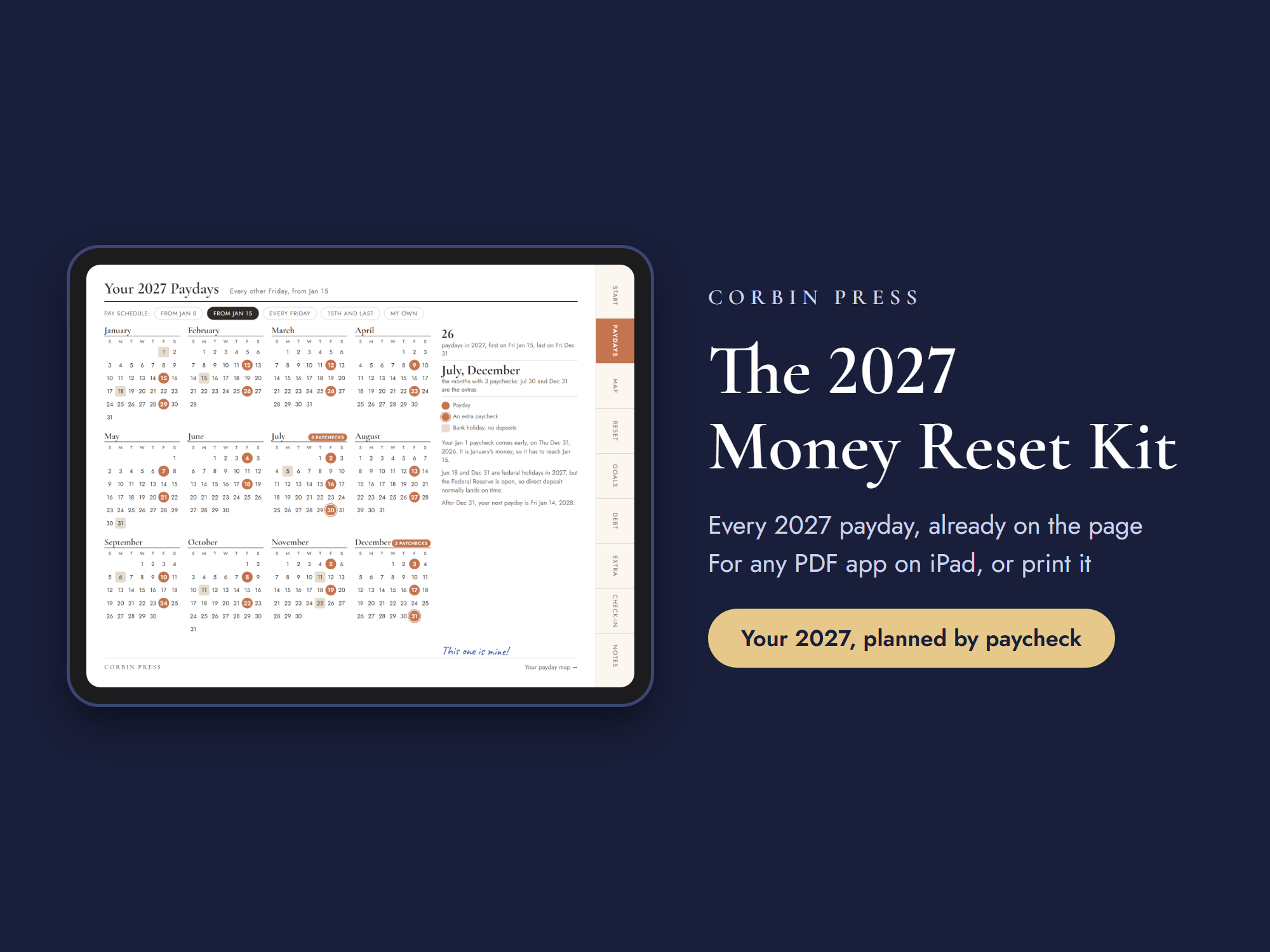 The 2027 Money Reset Kit open on an iPad at its 2027 calendar, every payday of the year already printed and the two 3-paycheck months marked.