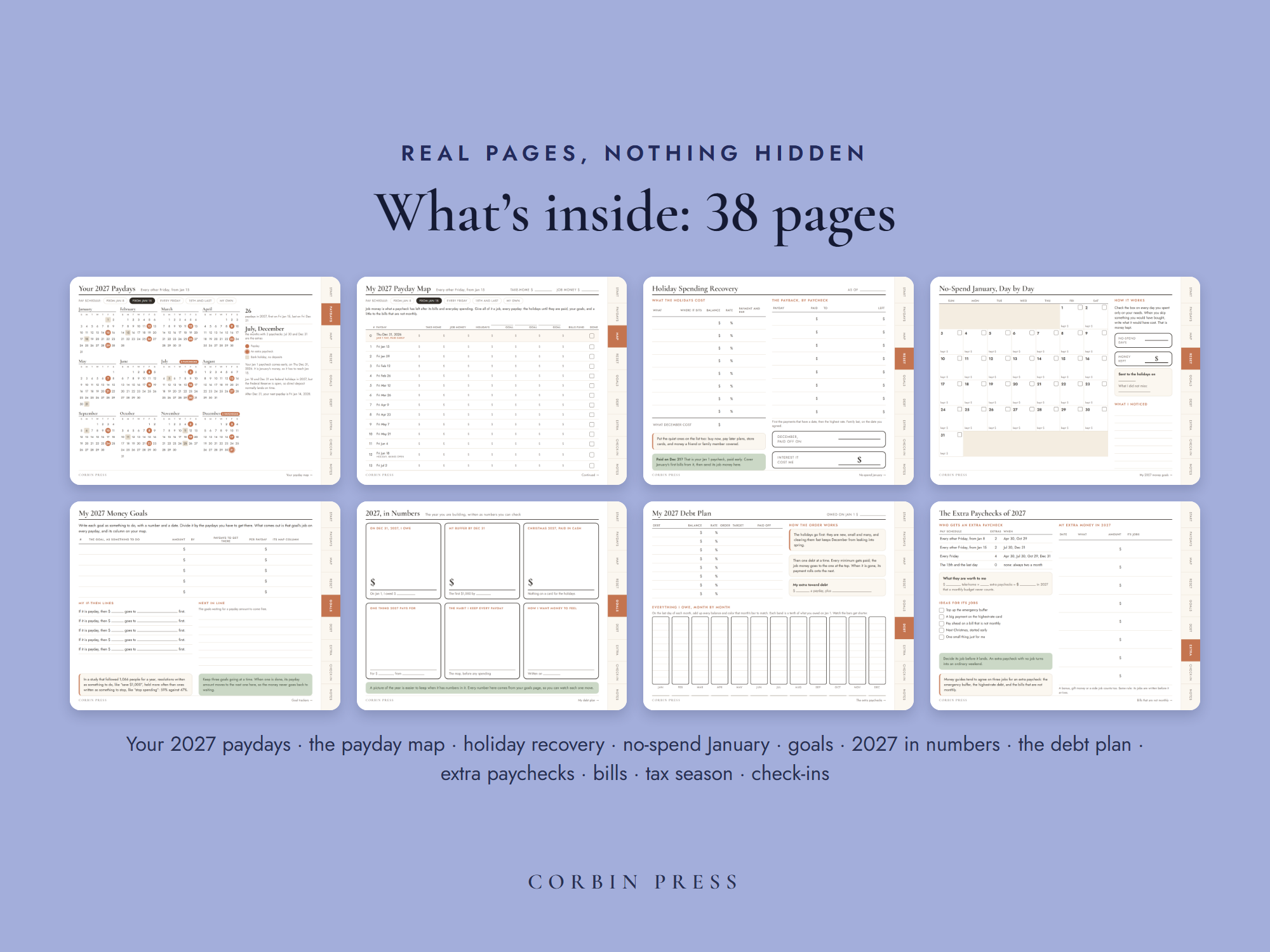 Eight real pages from the yearly budget planner: the 2027 paydays, the payday map, holiday recovery, no-spend January, goals, 2027 in numbers, the debt plan and the extra paychecks.