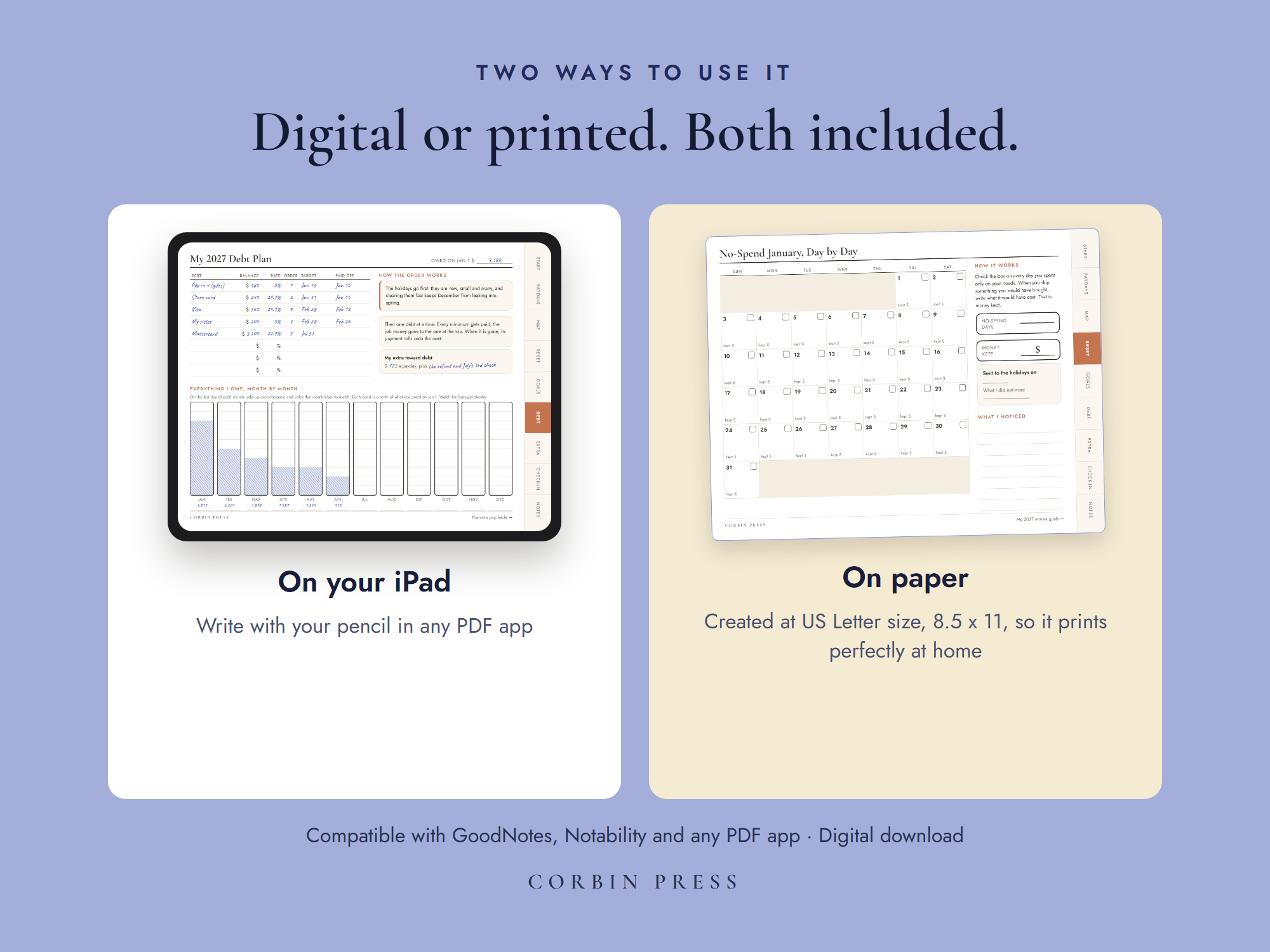 The financial goals printable shown twice: the debt plan written on in an iPad, and the no-spend January page printed on US Letter paper.
