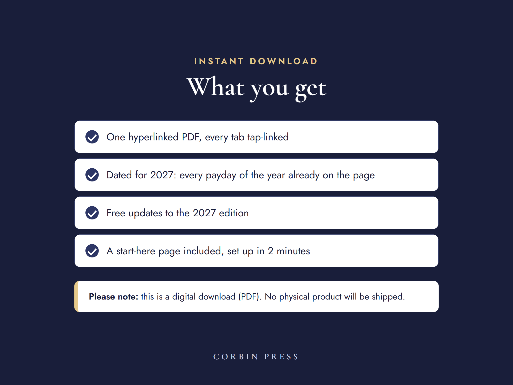 What you get for your new years goals: one hyperlinked PDF dated for 2027 with every payday already on the page, an instant download with nothing shipped.