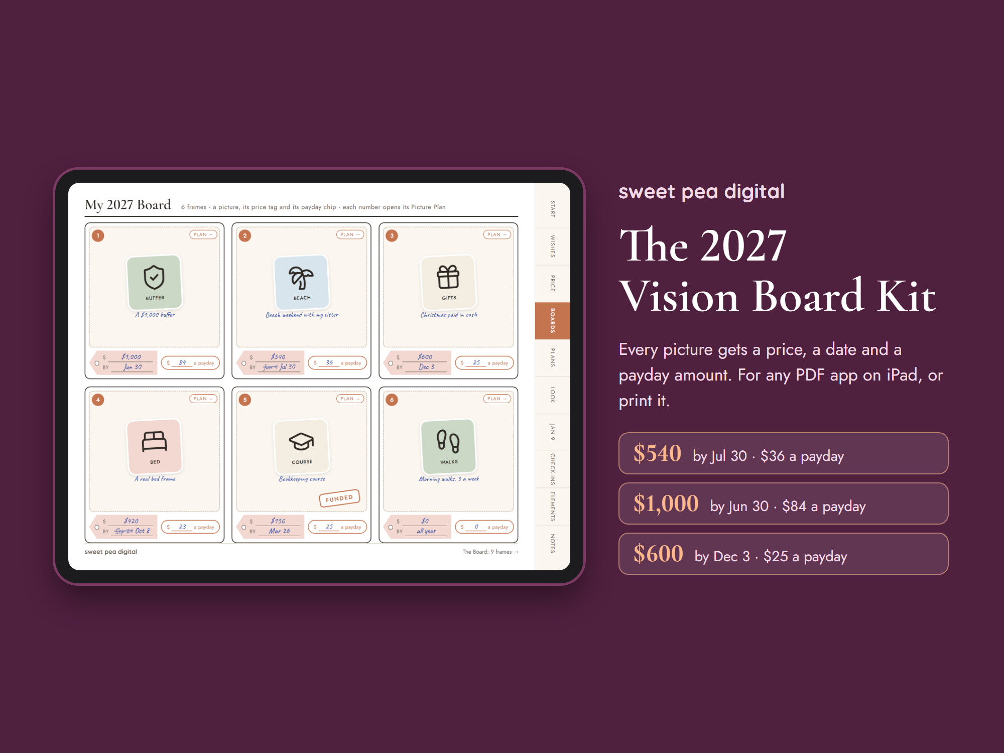 The 2027 Vision Board Kit open on an iPad at a filled money vision board: six pictures, each with a price tag, a date and an amount per payday.