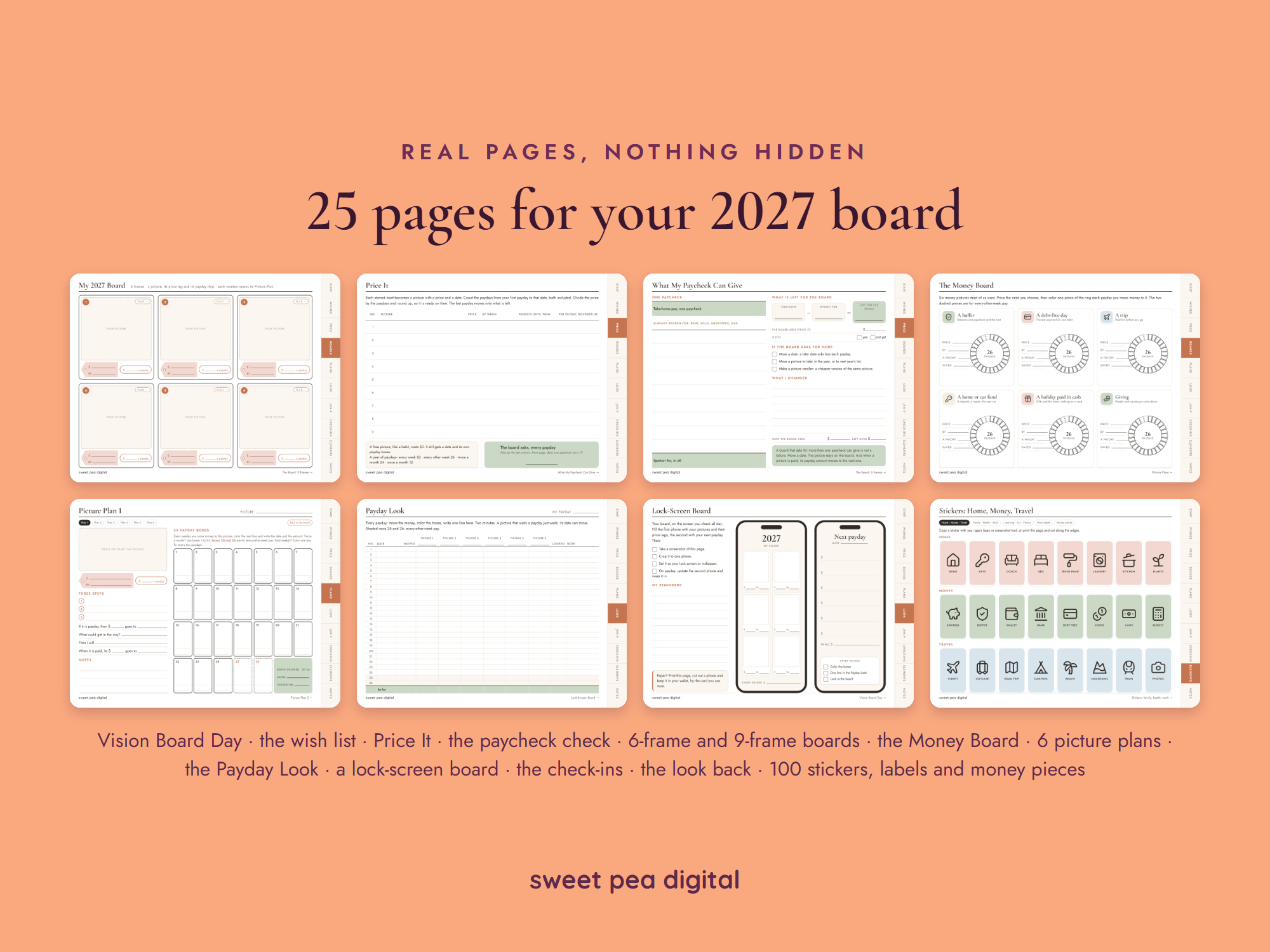 Eight real pages from the vision board template: the 6-frame board, Price It, the paycheck check, the Money Board, a picture plan, the Payday Look, the lock screen and stickers.