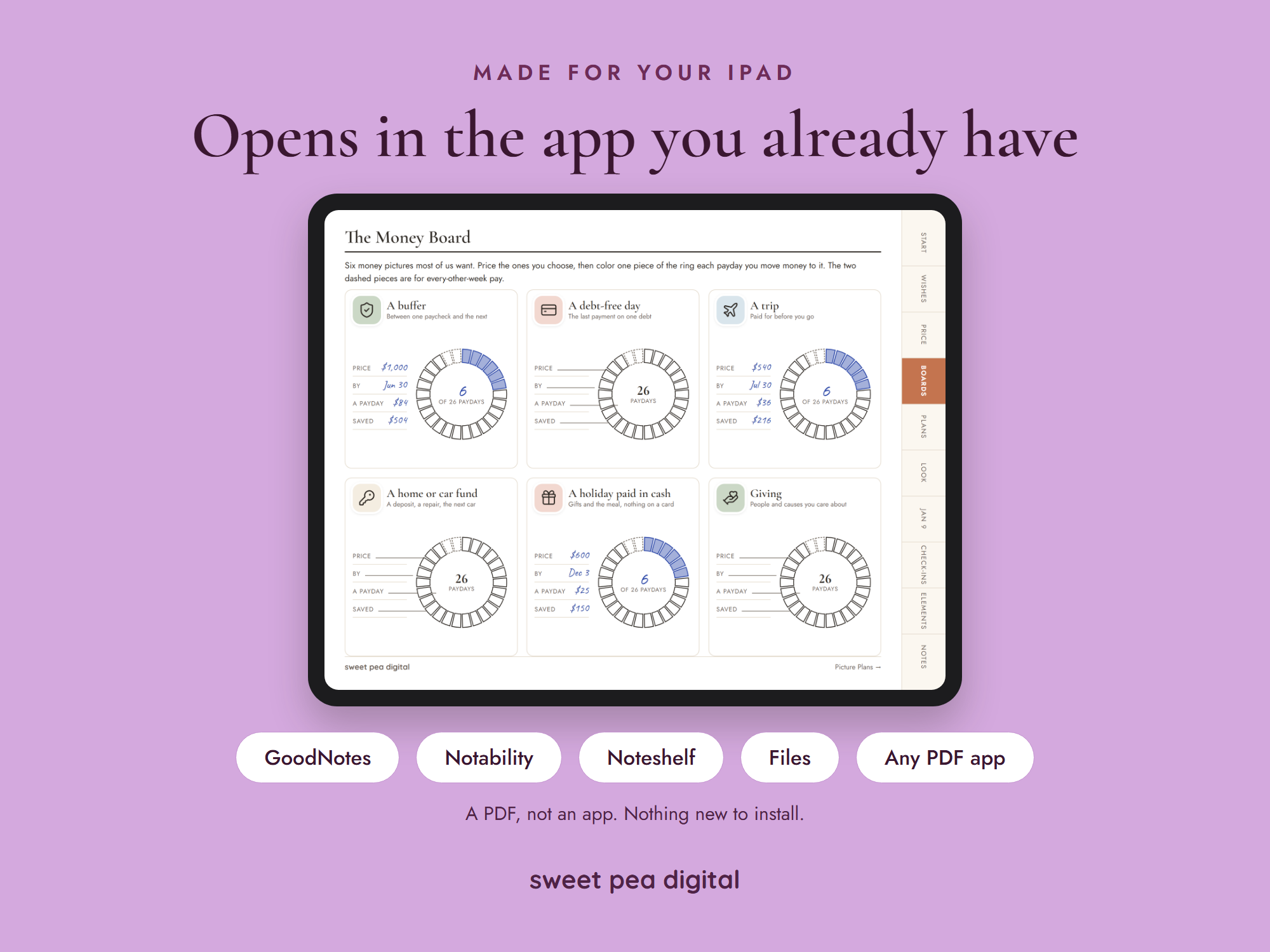 Digital vision board ideas on an iPad: the filled Money Board, a PDF, not an app, for GoodNotes, Notability, Noteshelf, Files or any PDF app.