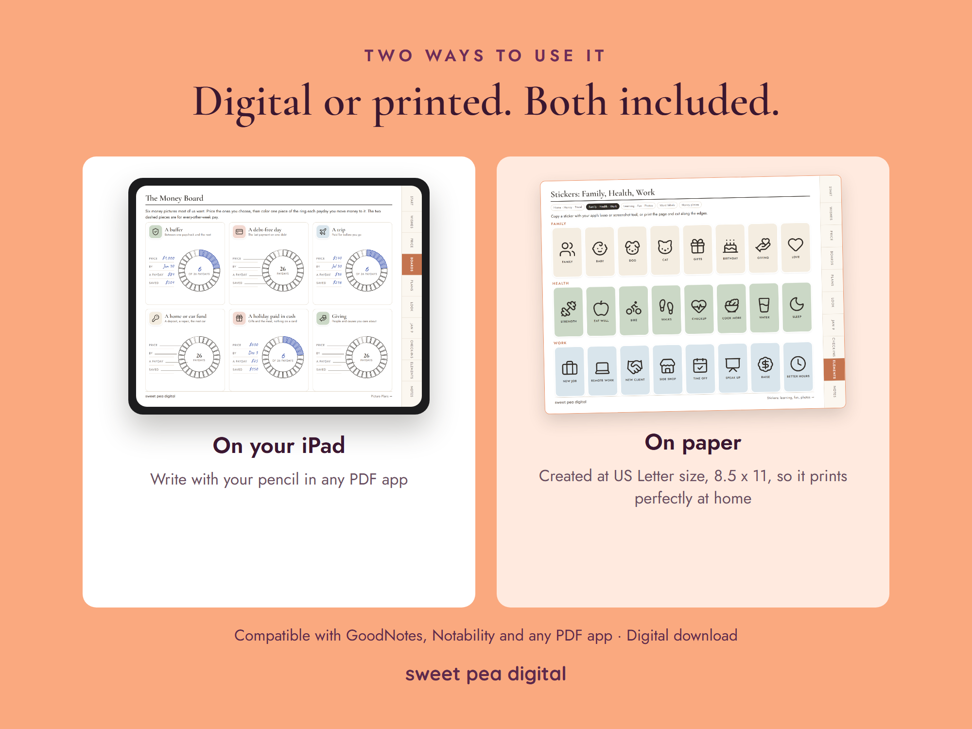 The printable vision board template on US Letter paper, a sheet of stickers to cut out, beside the filled Money Board on an iPad.