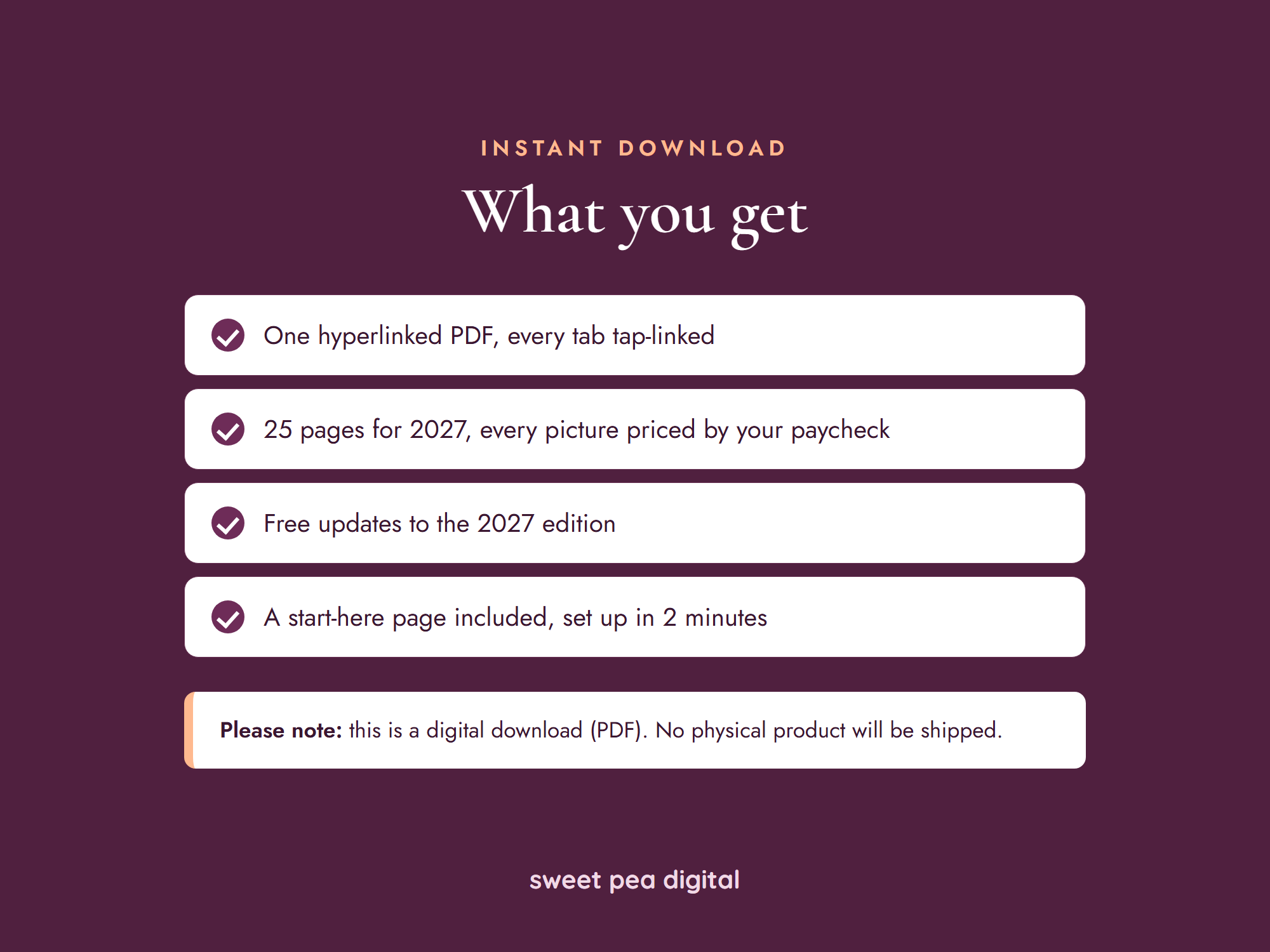 What you get with the 2027 vision board kit: one hyperlinked PDF, 25 pages for 2027, free updates to the 2027 edition, an instant download with nothing shipped.